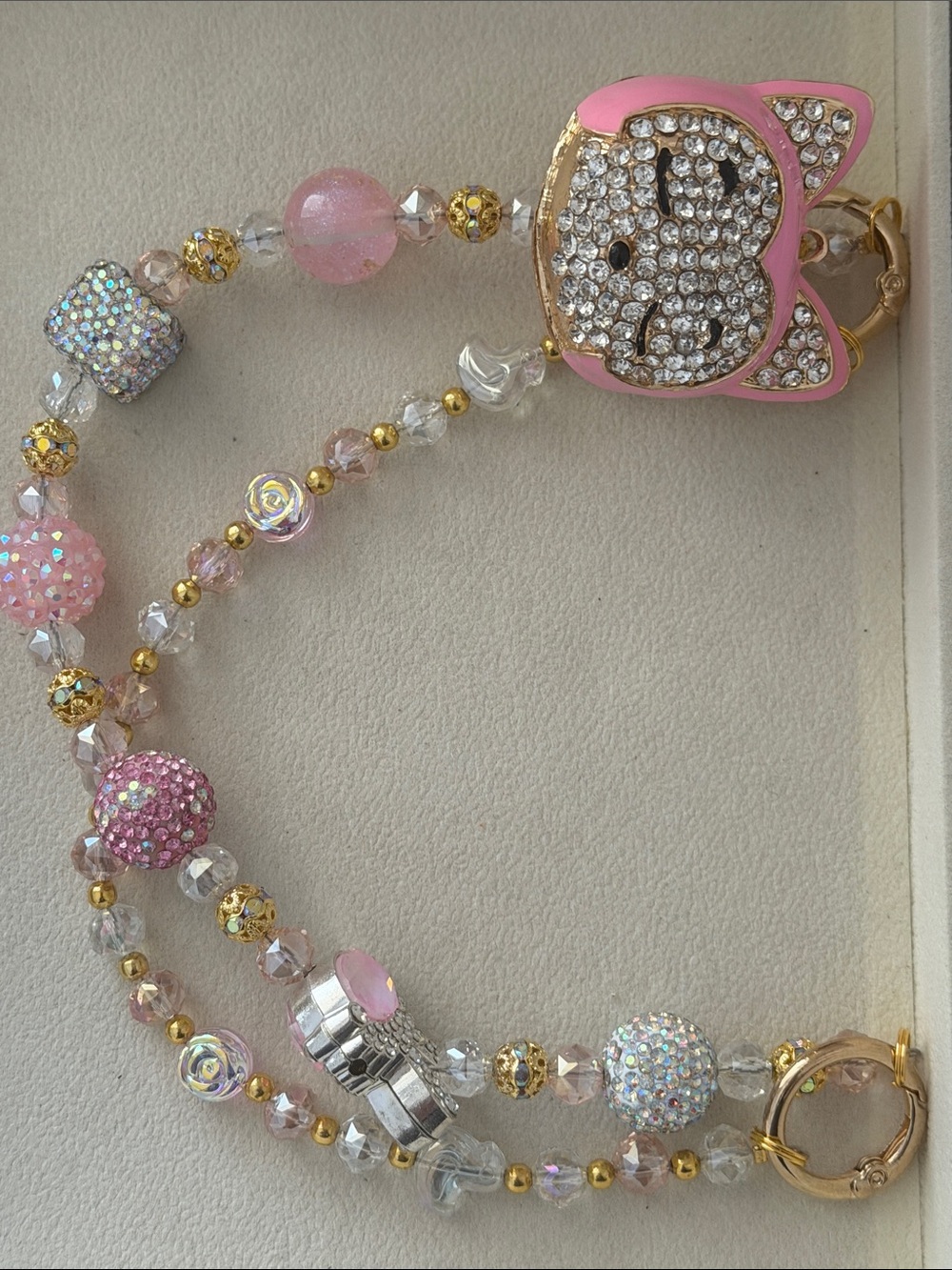 Sleeping Fox Pink Crystal Charm Purse Chain Gold Hardware